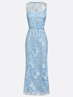 Light Blue Lace Jacquard Boat Neck Sleeveless Mermaid Floor-length Gown Dress