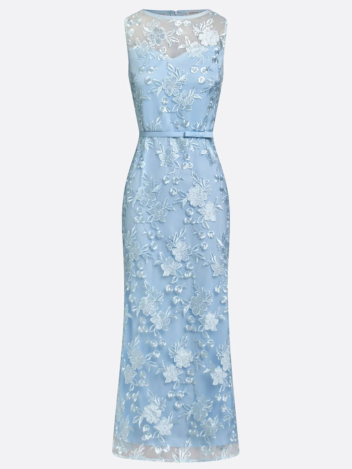 Light Blue Lace Jacquard Boat Neck Sleeveless Mermaid Floor-length Gown Dress