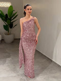 Cocoslly One Shoulder Sleeveless High Waist Long Mermaid Prom Dress With Rhinstone | Dusty Rose Sequins CO0172