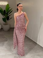 Cocoslly One Shoulder Sleeveless High Waist Long Mermaid Prom Dress With Rhinstone | Dusty Rose Sequins CO0172