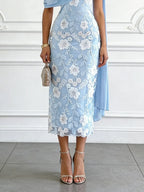 Light Blue Embroidery Classic Strapless Sleeveless Sheath Midi Dress