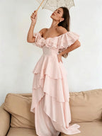Cocoslly Off-The-Shoulder Sleeveless High Waist Long Prom Dress With Ruffles | White Chiffon LX0115