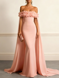 Pink 3D Floral Ruched Classic Off The Shoulder With Removable Cape Short Sleeve Mermaid Gown Dress
