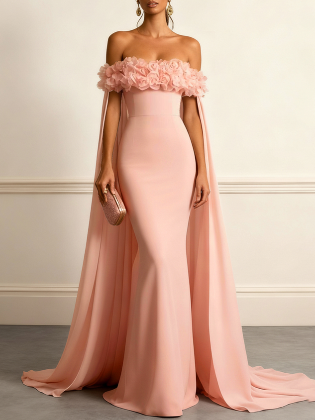 Pink 3D Floral Ruched Classic Off The Shoulder With Removable Cape Short Sleeve Mermaid Gown Dress