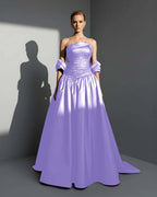 Satin Asymmetric Strapless Sleeveless Long Pleated A-Line Prom Dress With Beadings And Ruffles YK0766