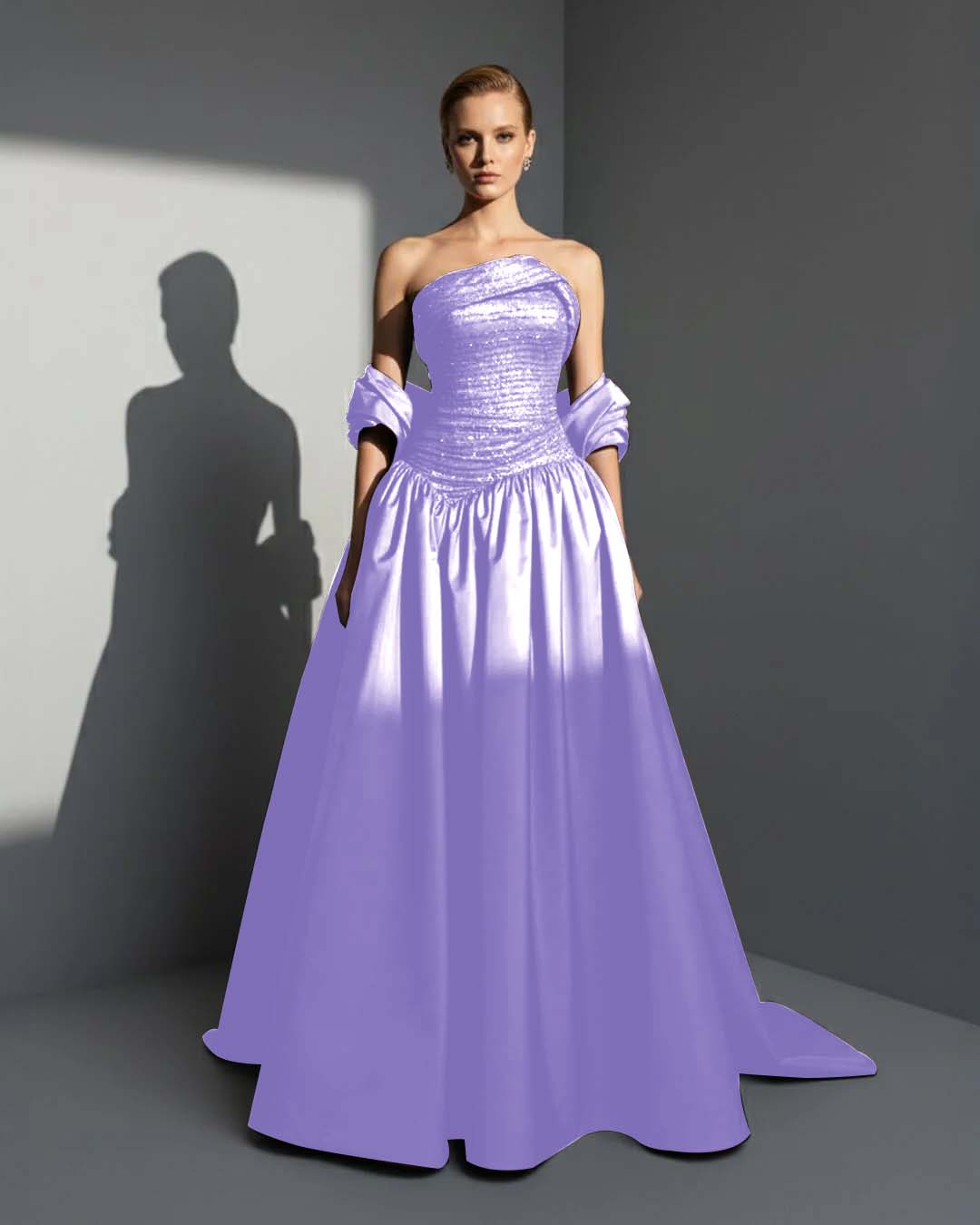 Satin Asymmetric Strapless Sleeveless Long Pleated A-Line Prom Dress With Beadings And Ruffles YK0766