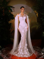 Tulle Halter V-Neck Off-The-Shoulder Sleeveless Long Mermaid Prom Dress With Flowers And Beadings YK0774