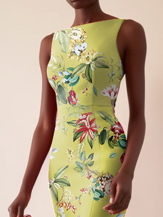 Green Floral Boat Neck Sleeveless Mermaid Midi Dress