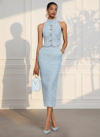 Women Blue Tweed Buckle Rhinestone Turtleneck Sleeveless Dressy Top With Skirt Two-Piece Set