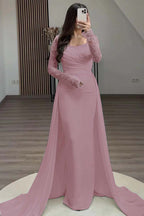 Square Neck Long Sleeves High Waist Long Pleated Mermaid Prom Dress With Beadings And Ruffles YS0057