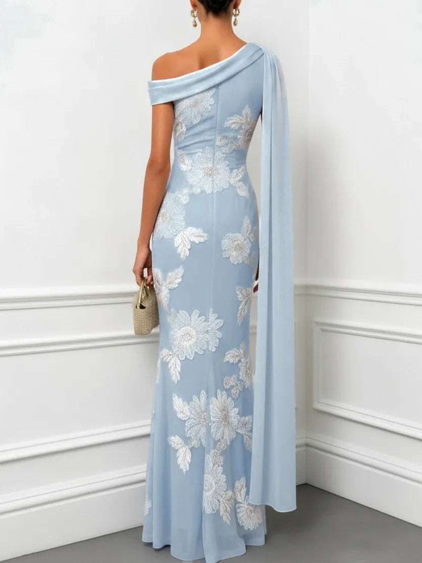 Light Blue Jacquard Classic One Shoulder Sleeveless Mermaid Floor-length Gown Dress