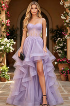 Cocoslly Spaghetti Straps Sleeveless High Waist Long Prom Dress With Beading Pearls And Split | Black Tulle LR0136