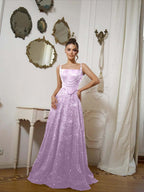 Square Neck Spaghetti Straps Sleeveless Long A-Line Prom Dress With Sequins And High Beadings YK0573