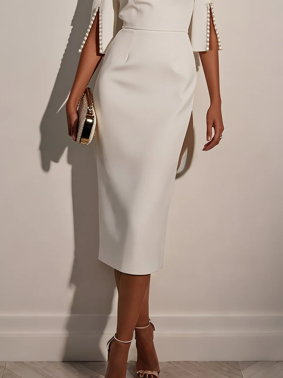 White Faux Pearl Classic Crew Neck Half Sleeve Sheath Midi Dress