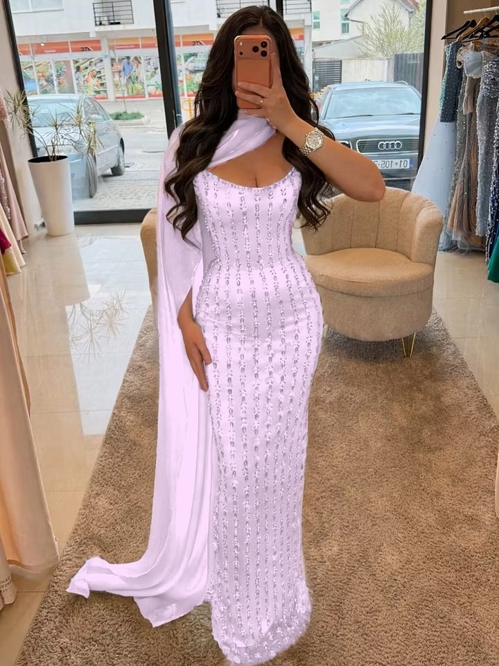 Cocoslly Strapless Sleeveless High Waist Long Prom Dress With Shawl And Rhinstone | Dusty Sage Satin YK1255