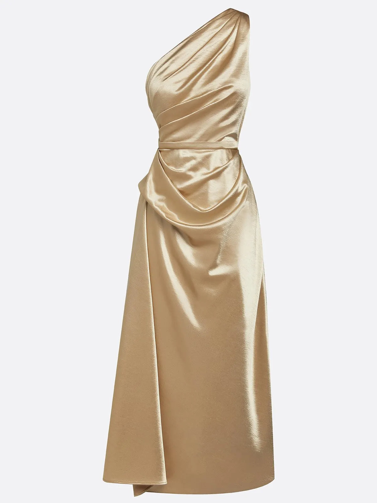 Champagne Ruched Satin One Shoulder Sleeveless Sheath Midi Dress