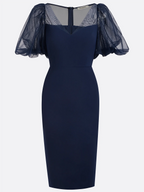 Purplish Blue Mesh Classic V Neck Short Sleeve Puff Sleeve Sheath Midi Dress
