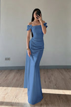 Cocoslly Off-The-Shoulder Sleeveless High Waist Long Mermaid Prom Dress | Baby Blue Satin ZT0711