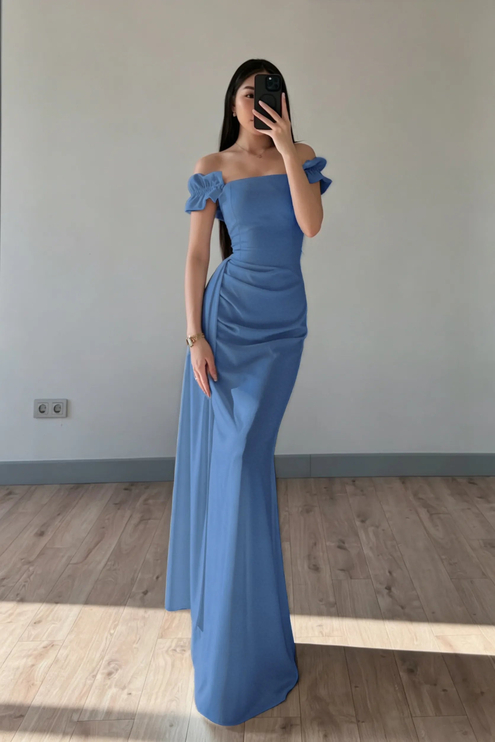 Cocoslly Off-The-Shoulder Sleeveless High Waist Long Mermaid Prom Dress | Baby Blue Satin ZT0711