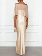Champagne 3D Floral Satin Boat Neck Short Sleeve Sheath Gown Dress with Capelet