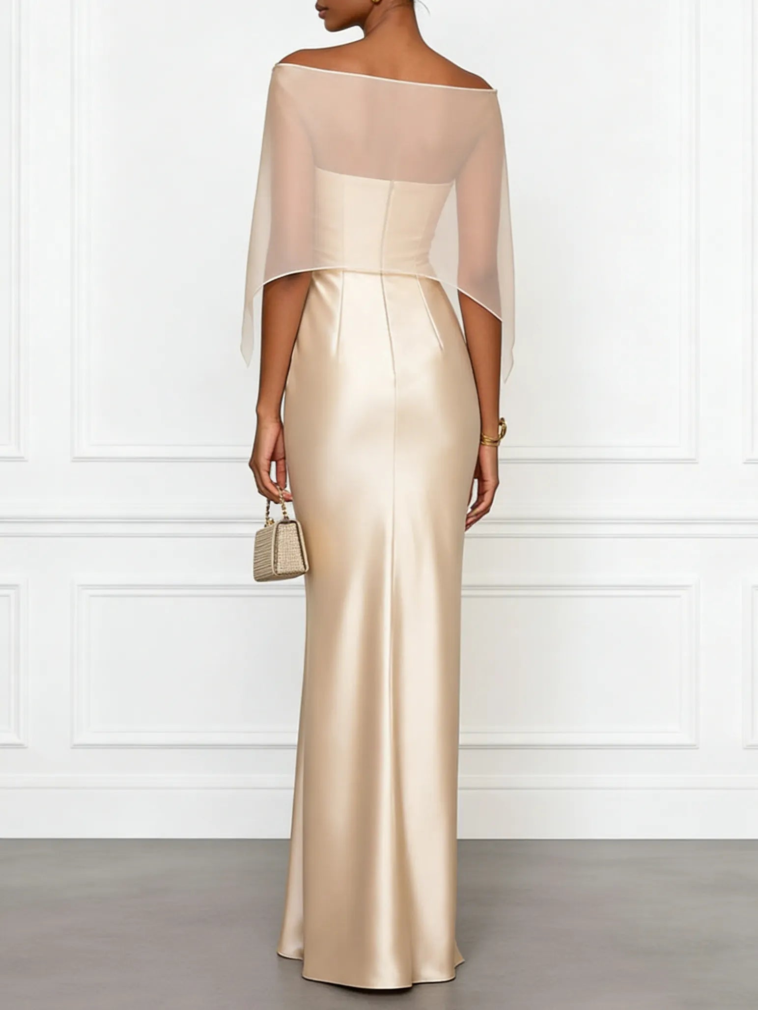 Champagne 3D Floral Satin Boat Neck Short Sleeve Sheath Gown Dress with Capelet