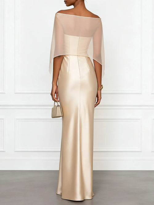 Champagne 3D Floral Satin Boat Neck Short Sleeve Sheath Gown Dress with Capelet