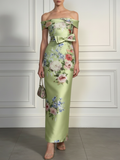 Green Floral Bow Satin Off The Shoulder Short Sleeve Sheath Maxi Dress
