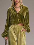 Luxe Retro Olive Green Pleated Velvet Shirt And Embossed Wide-Leg Pants Set