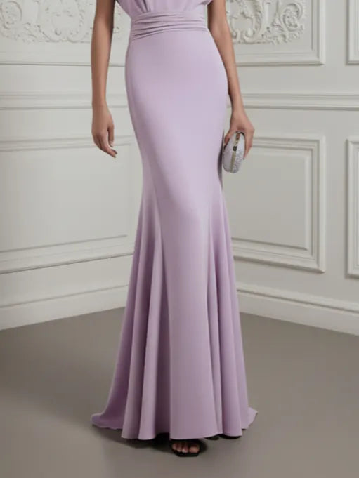 lavender Ruched Classic Boat Neck Cap Sleeve Raglan Sleeves Mermaid Floor-length Gown Dress