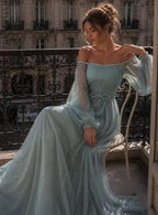 Cocoslly Off-The-Shoulder Long Sleeves High Waist Long Prom Dress With Sequins | Mist Mint Green Tulle LX0086
