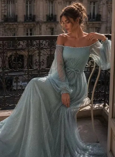Cocoslly Off-The-Shoulder Long Sleeves High Waist Long Prom Dress With Sequins | Mist Mint Green Tulle LX0086