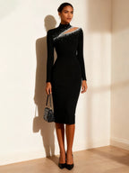 Black Rhinestone Cut Out Knit Mock Neck Long Sleeve Sheath Midi Dress