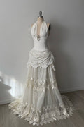 Lace And Tulle Halter Neck Strapless Sleeveless Long Mermaid Prom Dress With Pleated WQ0665