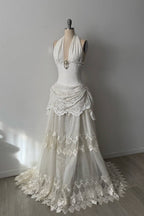 Lace And Tulle Halter Neck Strapless Sleeveless Long Mermaid Prom Dress With Pleated WQ0665