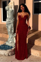 Red Strapless Sleeveless Long Mermaid Prom Dress With Sequins Split XJ0657