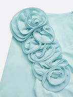 Light Blue 3D Floral Ruched Knit Asymmetrical Long Sleeve Sheath Midi Dress