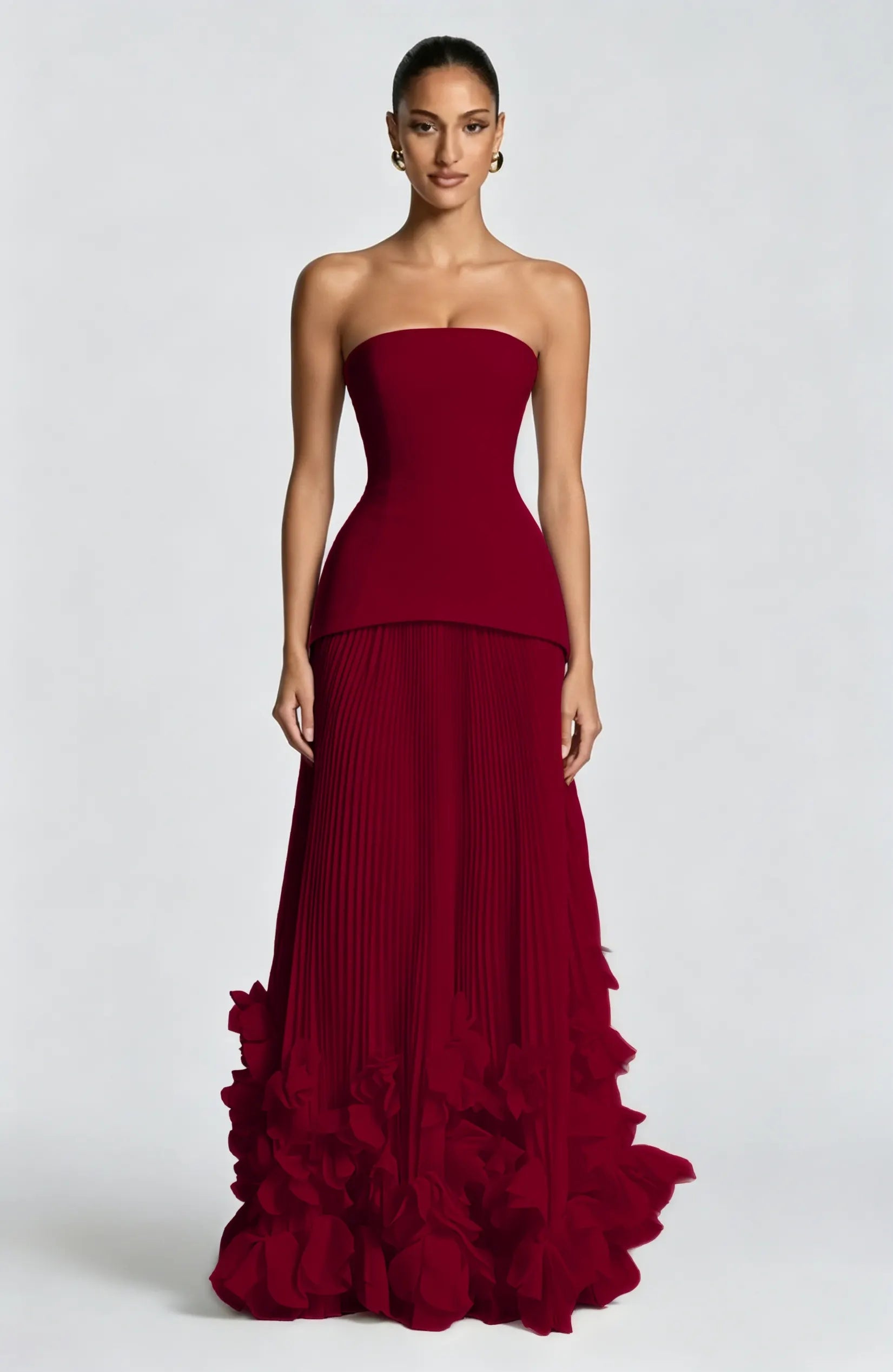 Cocoslly Strapless Sleeveless High Waist Long Prom Dress With Appliques And Pleated | Cabemet Chiffon YQ0118