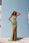 Sequins One Shoulder Sleeveless Long Prom Dress With Split Pleated WQ0183