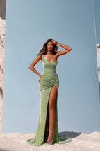 Sequins One Shoulder Sleeveless Long Prom Dress With Split Pleated WQ0183