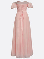 Pink Ruffled Pleated Tulle Off The Shoulder Short Sleeve A-Line Gown Dress