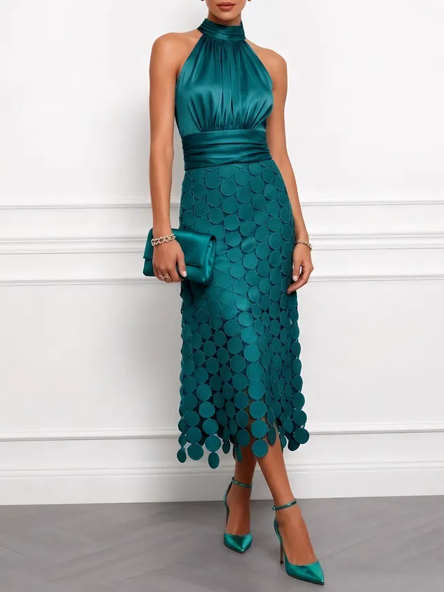 Women Light Green Satin Ruched Halter Neck Sleeveless A-Line Midi Dresses