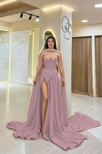 Cocoslly Strapless Sweetheart Sleeveless High Waist Long Split Prom Dress With Scarf | Burgundy Satin YC0479