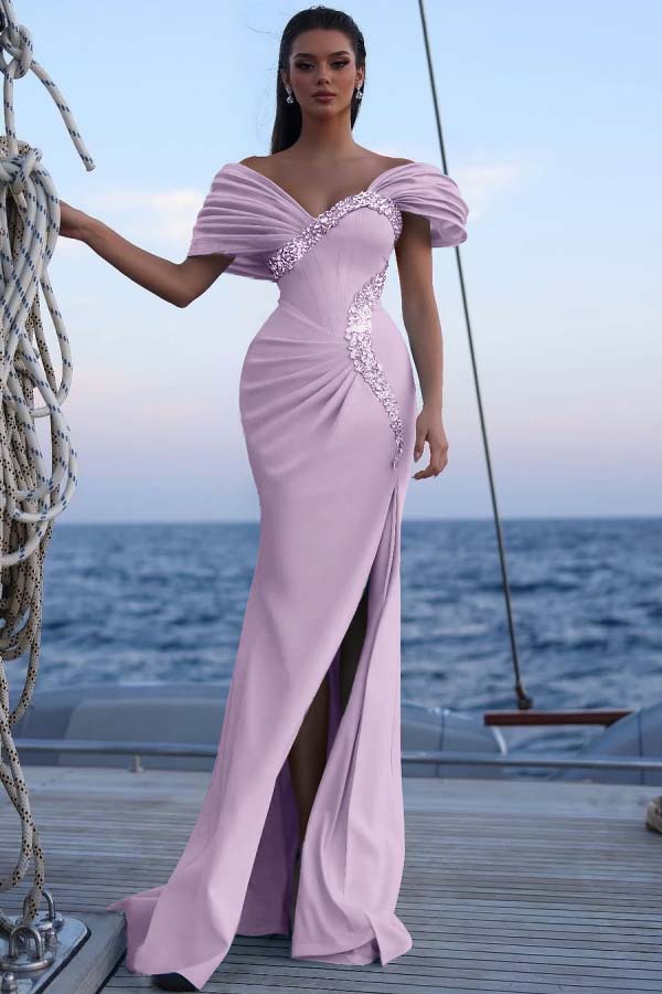 Cocoslly Off-The-Shoulder Beaded Split Long Prom Dress With Sequins Acrylic Rhinestones | Sky Blue Satin ZT0483