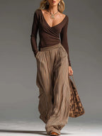 Retro Boho Brown Surplice V-Neck Long-Sleeve Top And Striped Pleated Wide-Leg Cotton-Linen Pants Set