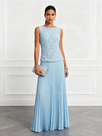 Light Blue Lace Jacquard Classic Boat Neck Sleeveless A-Line Floor-length Gown Dress