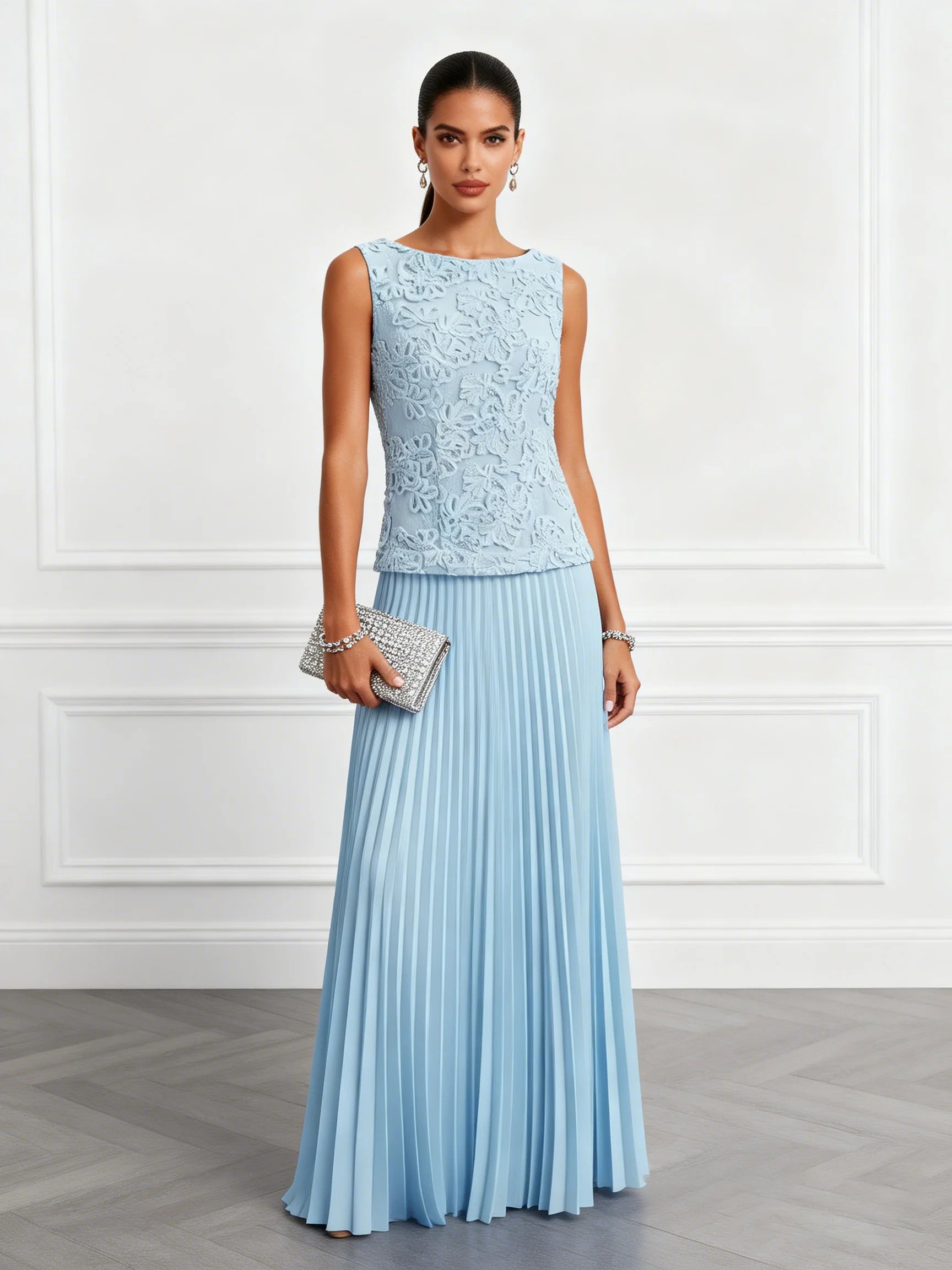 Light Blue Lace Jacquard Classic Boat Neck Sleeveless A-Line Floor-length Gown Dress
