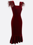 Wine Red Feather Velvet Square Neck Sleeveless Mermaid Midi Dress