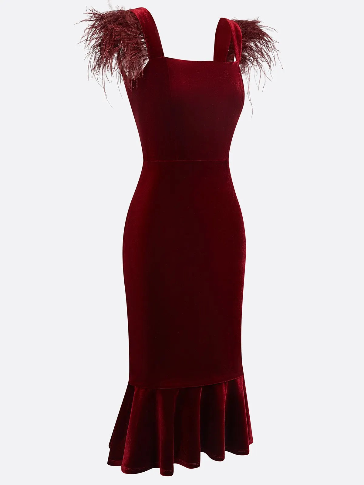 Wine Red Feather Velvet Square Neck Sleeveless Mermaid Midi Dress