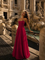 Cocoslly Strapless Sleeveless High Waist Long A Line Prom Dress With Beading Pearls | Dusty Rose Chiffon LX0109