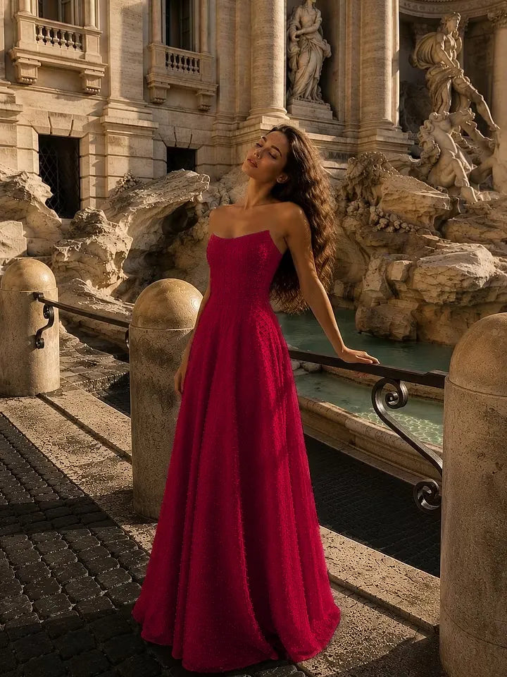 Cocoslly Strapless Sleeveless High Waist Long A Line Prom Dress With Beading Pearls | Dusty Rose Chiffon LX0109